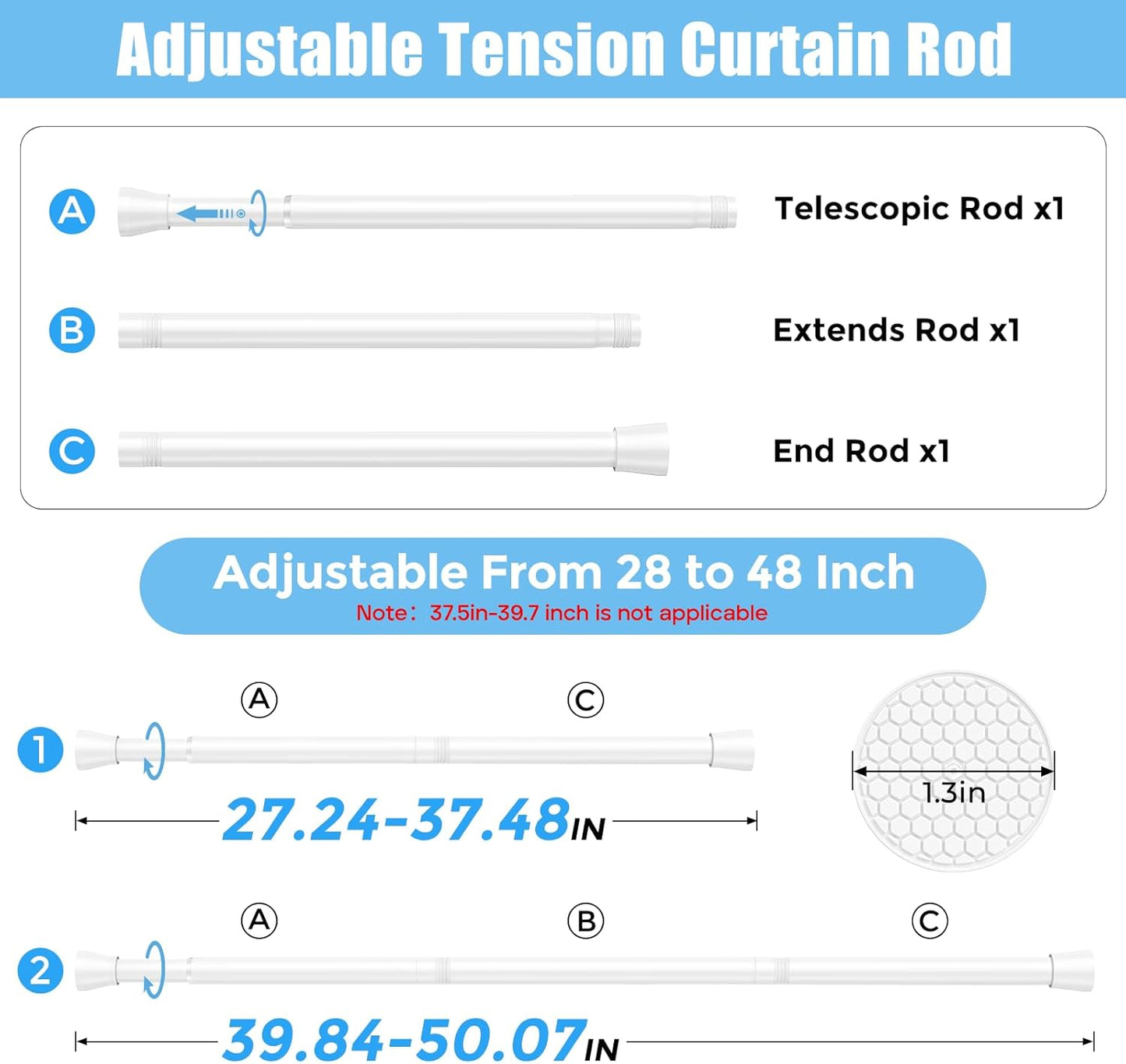 AIZESI Tension Curtain Rod Adjustable Spring Tension Rods for Windows 28 to 48 Inch, No Drilling, 7/8" Diameter, White Curtain Rod, Small Shower Curtain Rod for Bathroom, Doorway, Closet, Kitchen