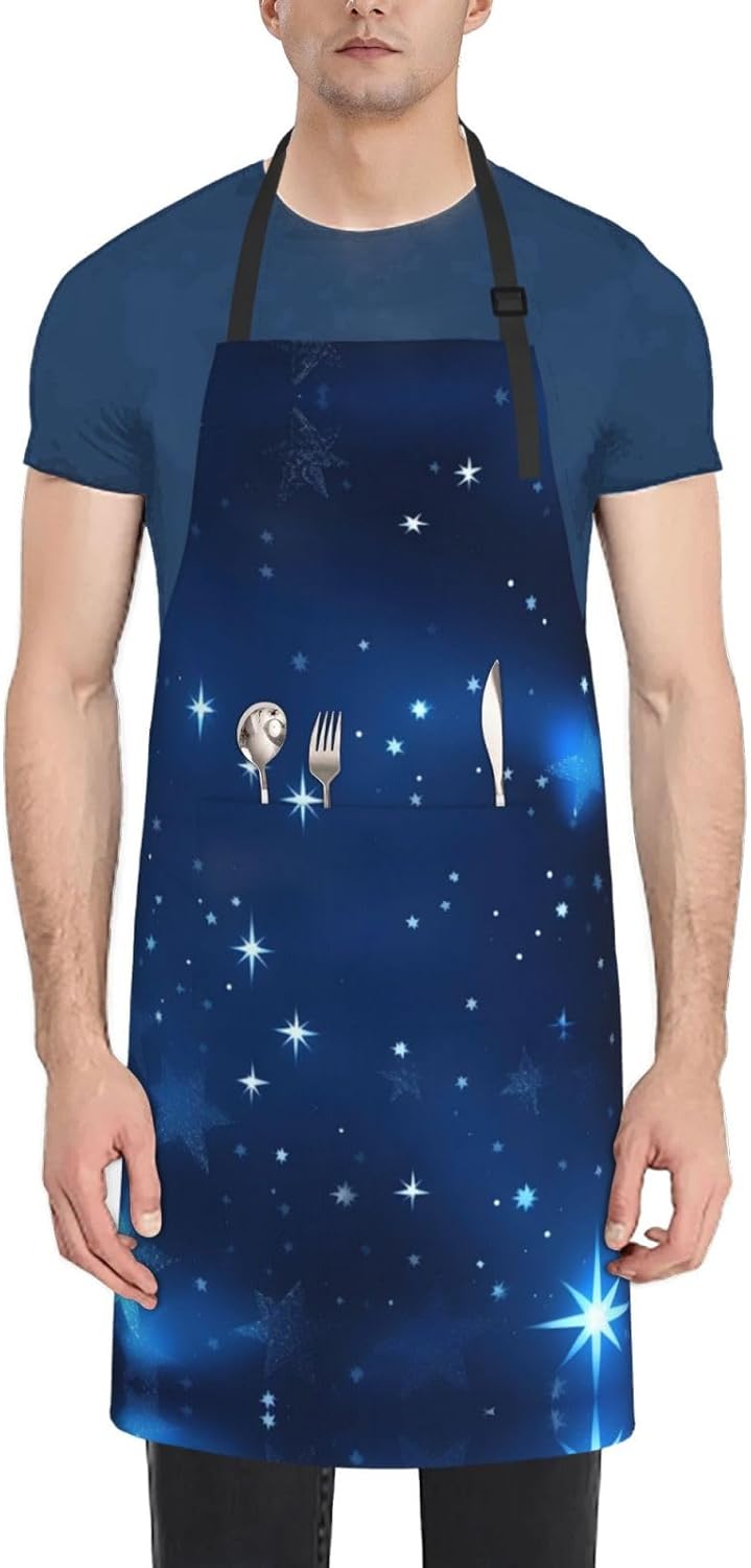 Blue Shining Stars pattern Print Laundry apron 28x33 In Waterproof Kitchen Apron with Pockets for Cooking Baking