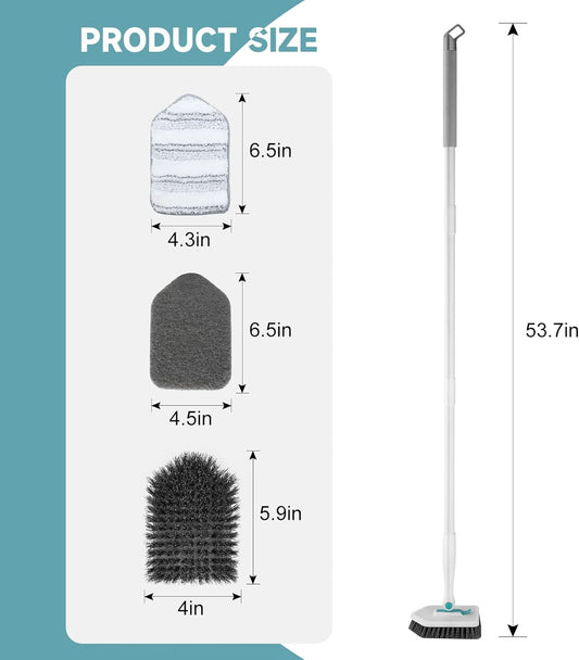 nacena Shower Scrubber with Long Handle, 3 in 1 Tile Tub Scrubber Brush with 3 Detachable Cleaning Heads Adjustable Handle Shower Cleaner Brush for Bathroom, Kitchen, Toilet, Wall, Sink, Blue White