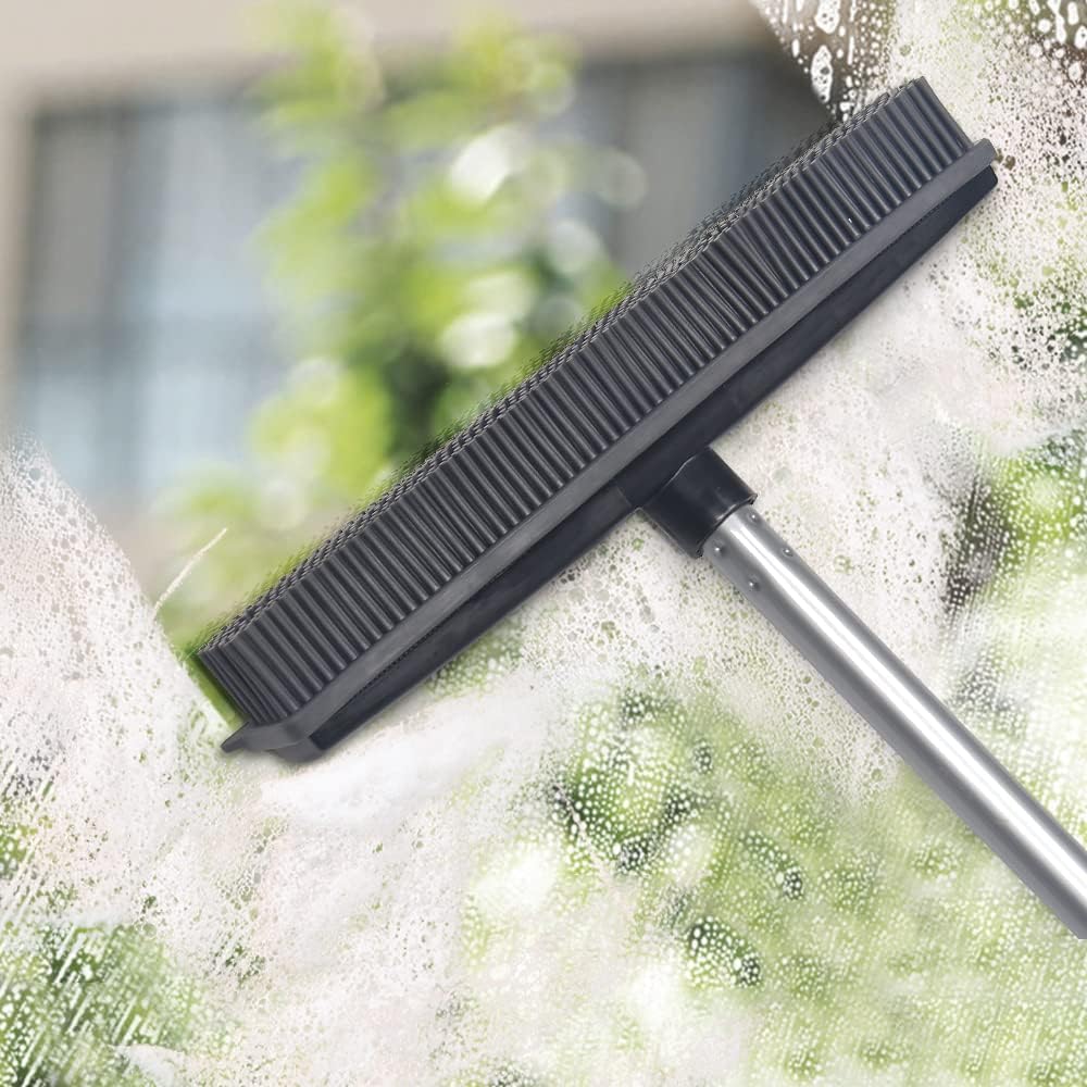 Rubber Broom with Squeegee Fur and Long Handle, Carpet Rake and Lint Brush Set for Pet Dog Cat Hair Removal Tool, Sweeping Rug Brush Indoor Outdoor,Push Broom for Soft Carpet,Tile,Wooden Floor