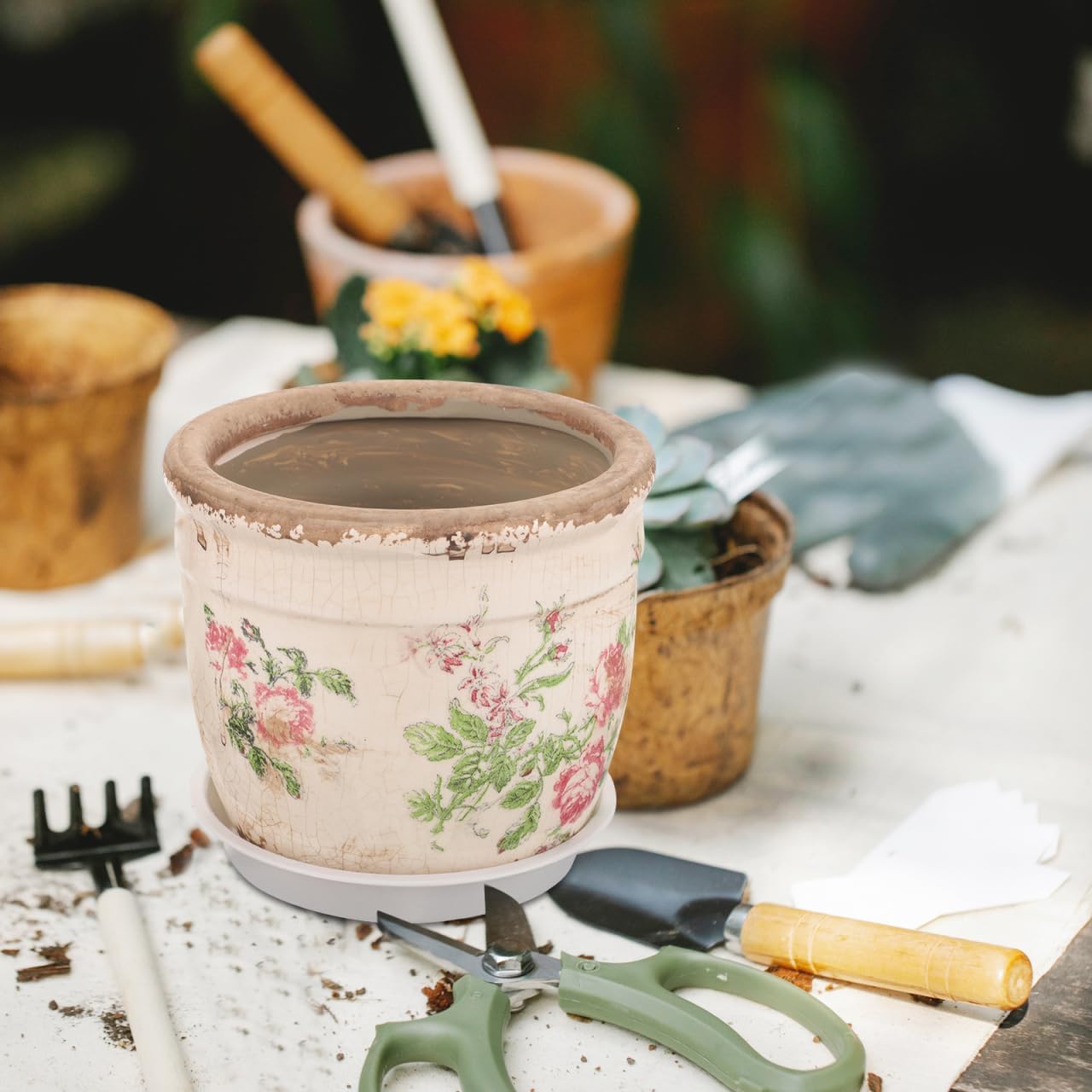 PRETYZOOM Vintage Succulent Pot with Drainage, 4.5'' Small Ceramic Planter with Floral Pattern, Indoor Flower Pot for Balcony, Kitchen, Windowsill Decoration, Christmas Supplies