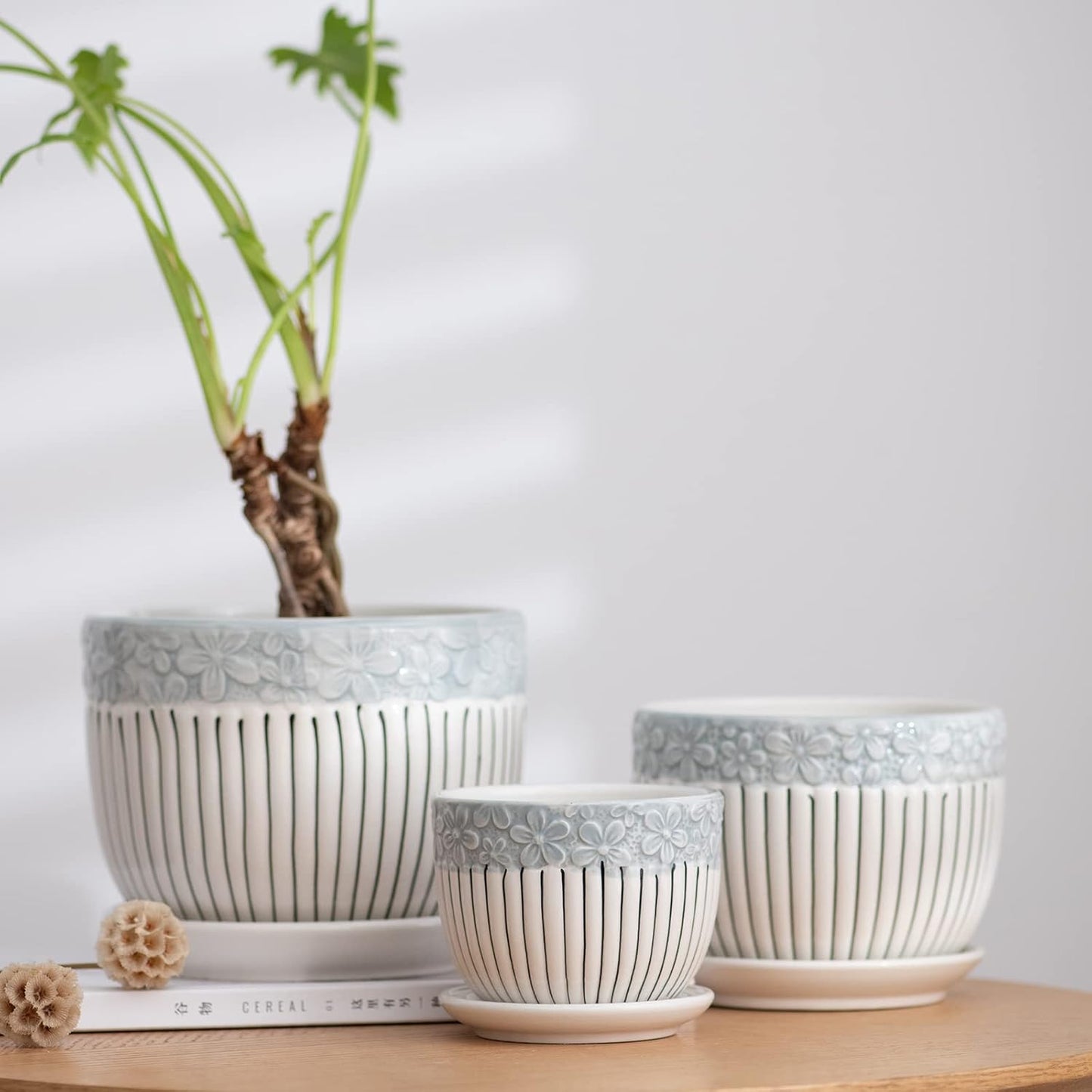 Ton Sin Grey Flower Pots,Texture Planter for Indoor Plants Set of 3 Ce
