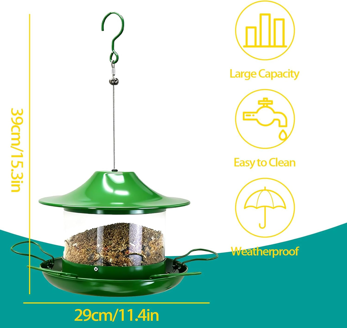 Outdoor Hanging Bird Feeder Visible Metal Construction for Durability 1.8L Capacity Multi-Hole Seed Tray Multiple Feeding Stations Green Color Adjustable Hanging Design Easy-Fill lid (Green)