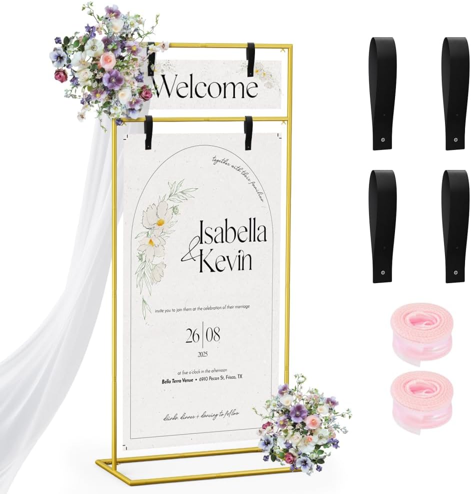 Gold Wedding Welcome Sign Stand 79"x32"x16" - Heavy Duty Metal Easel Display Holder with 2 Pairs of Leather Straps & Satin Ribbon for Wedding, Bridal Shower, Birthday Party, Baby Shower or Any Event