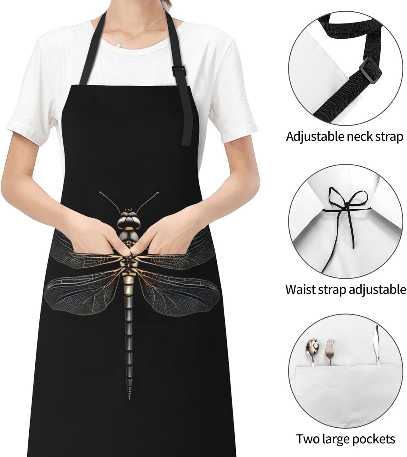 Dragonfly Black Print Laundry apron 28x33 In Waterproof Kitchen Apron with Pockets for Cooking Baking