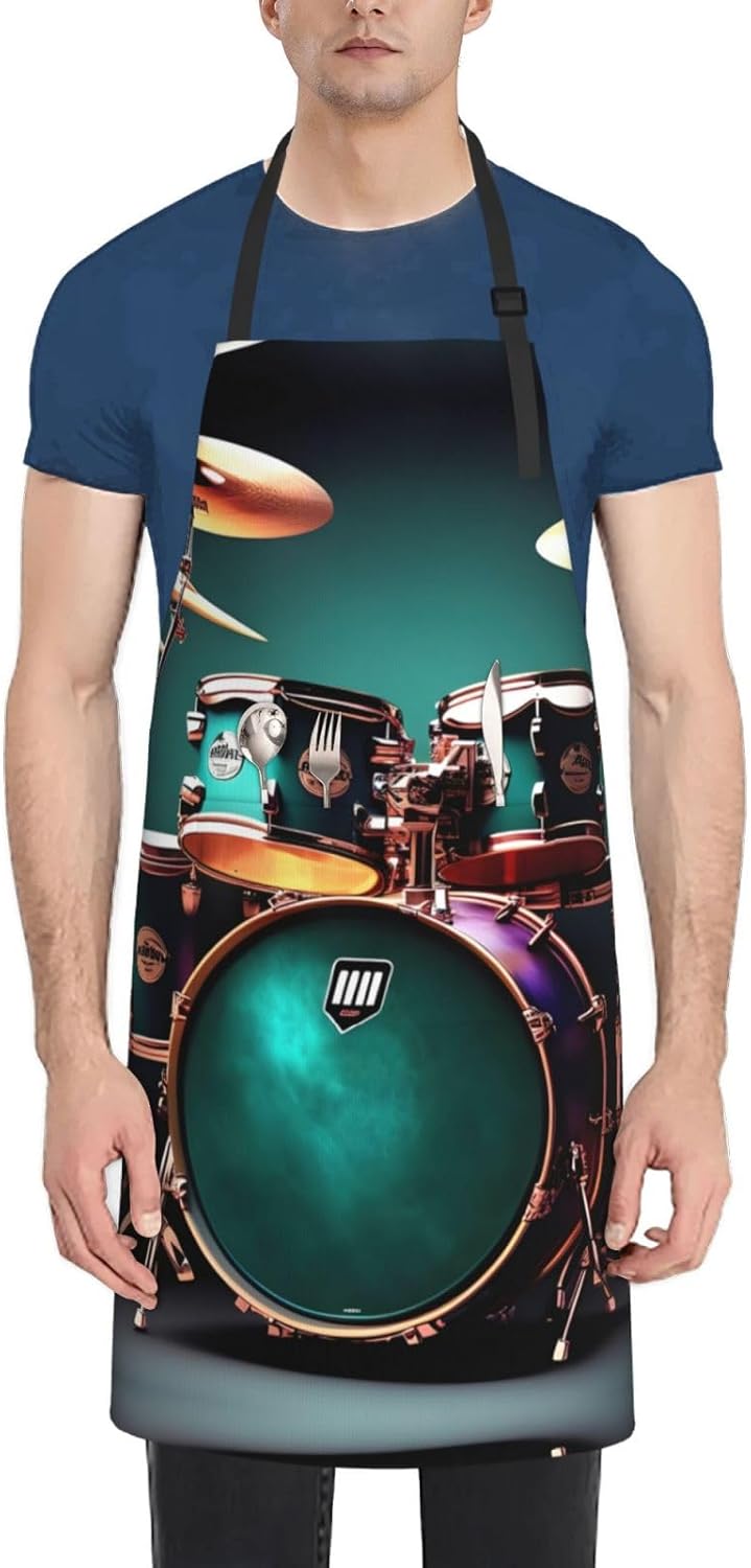 Cool Drum Set Print Laundry apron 28x33 In Waterproof Kitchen Apron with Pockets for Cooking Baking