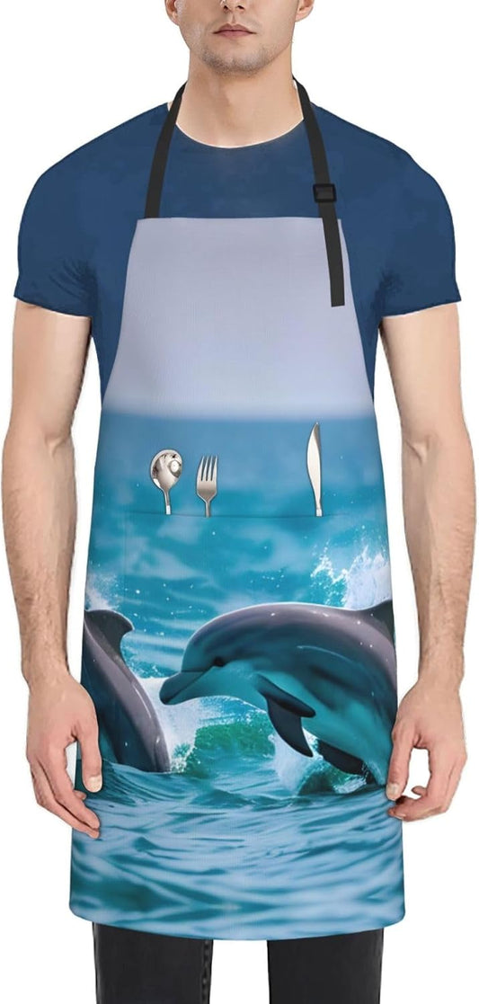 Dolphins in the sea print Waterproof chef's apron with pocket apron for kitchen cooking baking barbecue and gardening