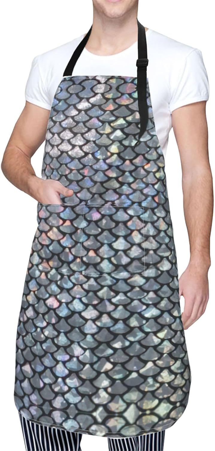 Silver fish scale print Waterproof apron with pocket adjustable cookin