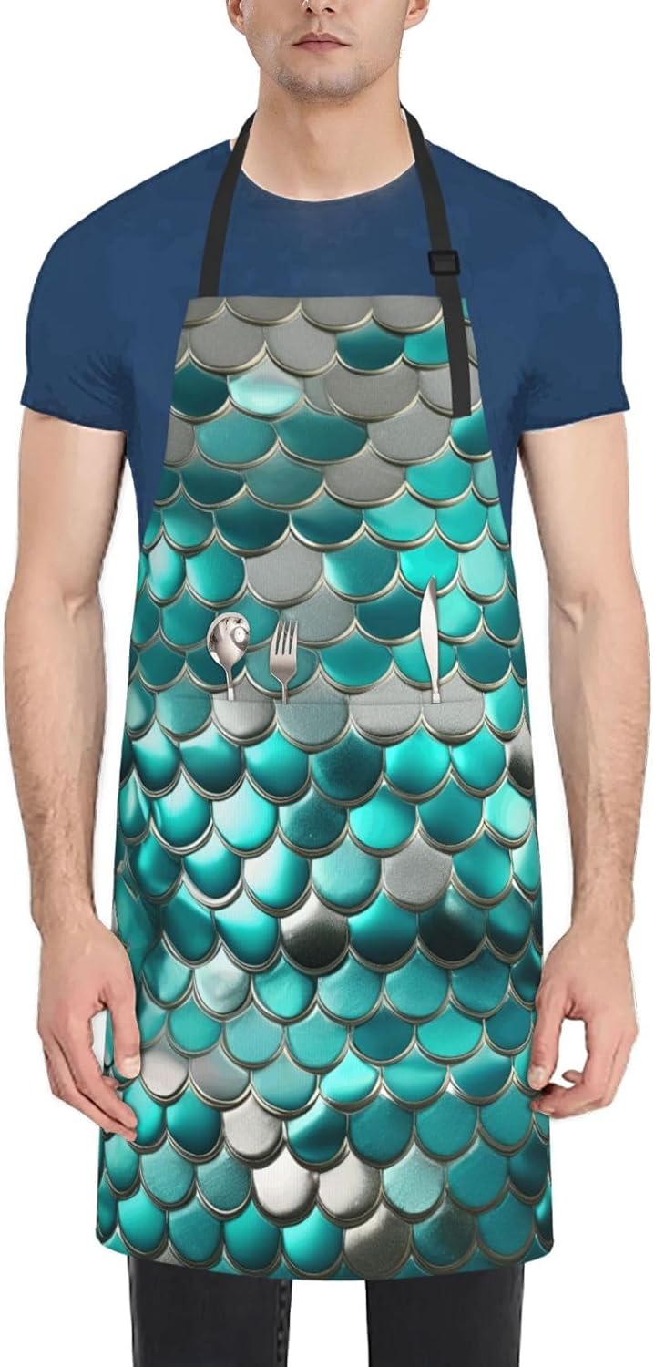 YANYU Mermaid Scale Print 28x33 In Kitchen Apron Stylish Chef Apron with Pockets for Cooking Baking Painting