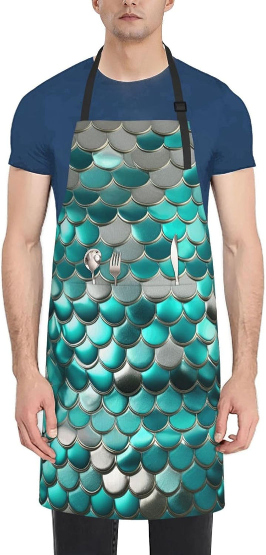 YANYU Mermaid Scale Print 28x33 In Kitchen Apron Stylish Chef Apron with Pockets for Cooking Baking Painting