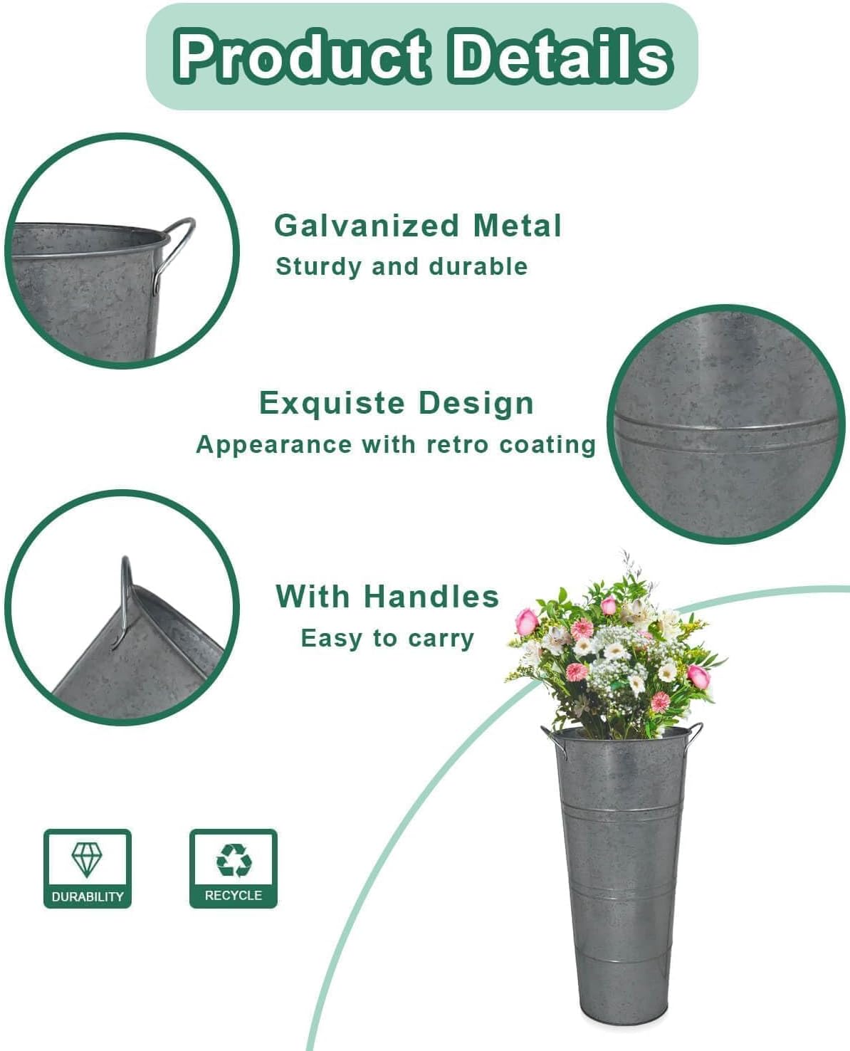 vensovo Metal Flower Bucket Vase, 15 Inch Tall Transparent Black Rustic Farmhouse Centerpiece for Spring Home Decor & Wedding, Set of 2