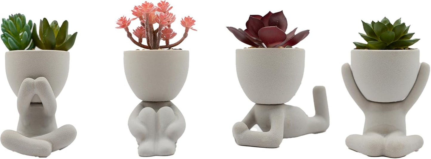 4 PCS Mini Ceramic Human Shaped Potted Artificial Succulent Plants Matte Gray for Home Office Desk Farmhouse Room Decor.