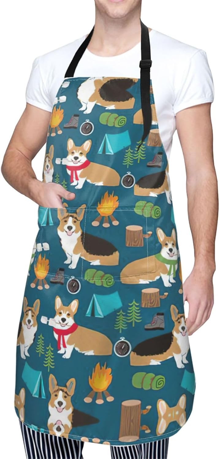 Corgi print Waterproof apron with pocket adjustable cooking apron for adult kitchen bibs to bake