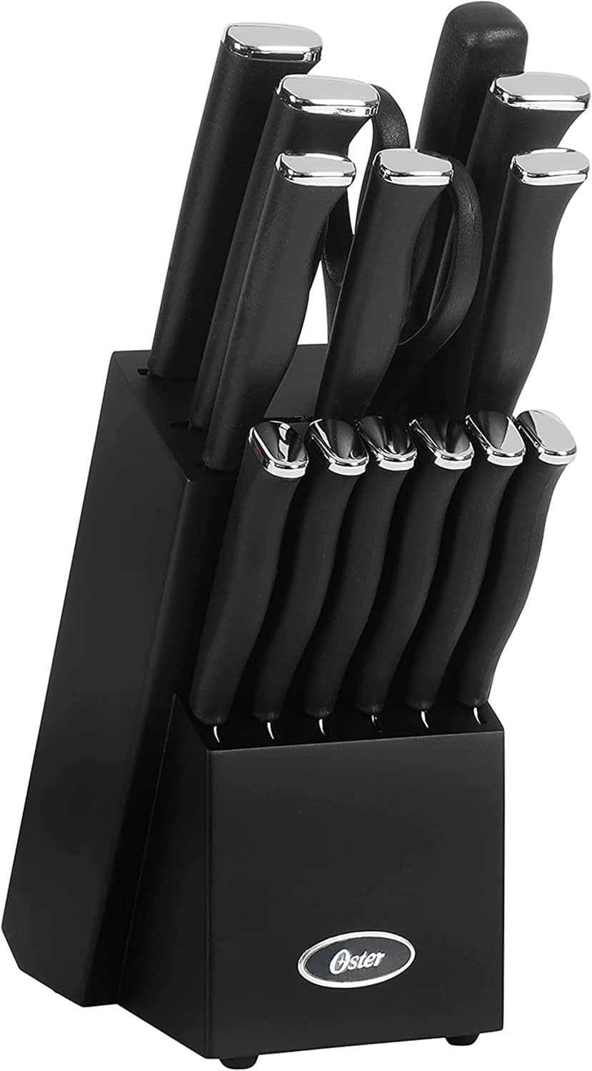 Oster Langmore 15-Piece Stainless Steel Knife Block Set with Black Han