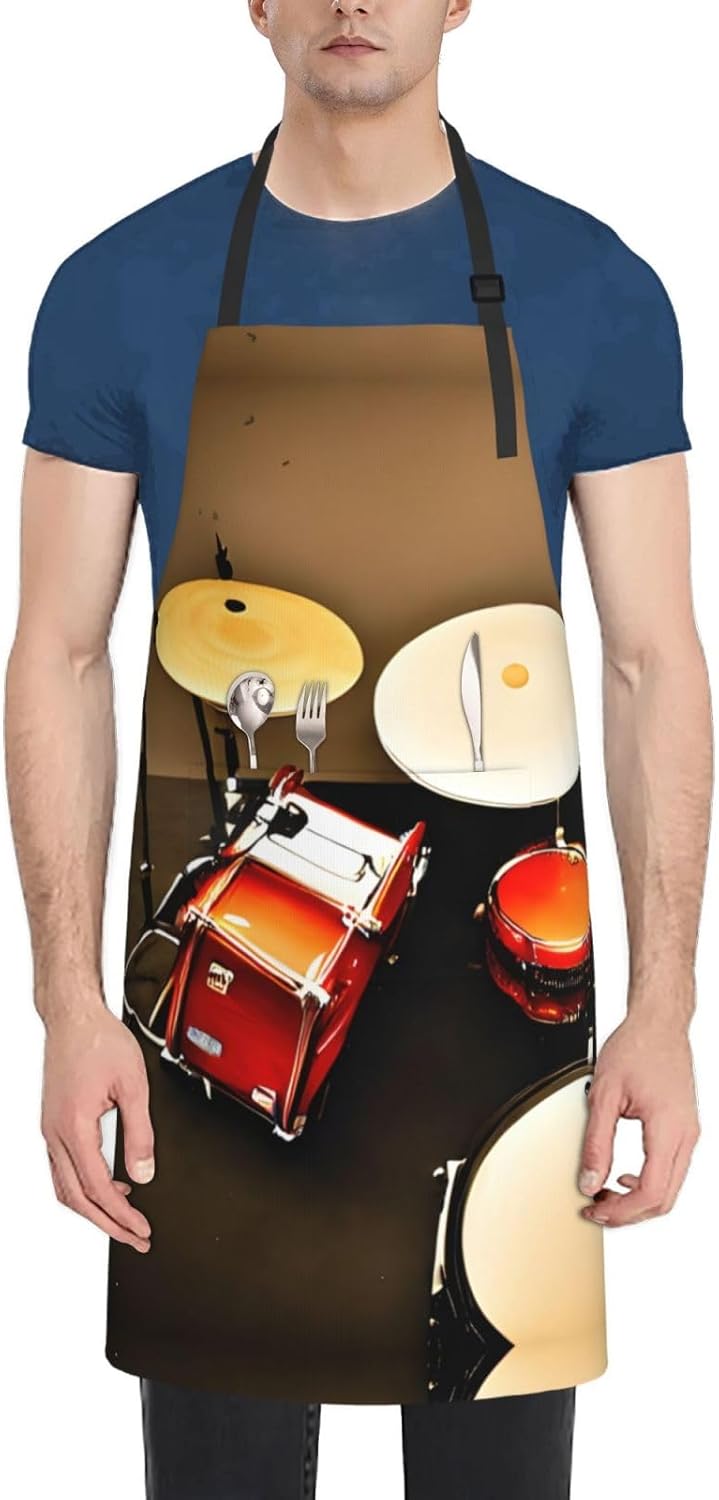 Drum Set-standard Print Laundry apron 28x33 In Waterproof Kitchen Apron with Pockets for Cooking Baking