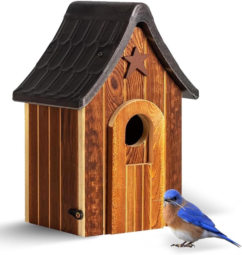 Water Proof Bluebird Bird Houses for Outside, 1.5" Entrance with Landing Perch Guard, Rustic Patriot Style, Squirrel Proof Composite Material Bird House for Outdoor, HDPE Roof 10 Years Weatherable