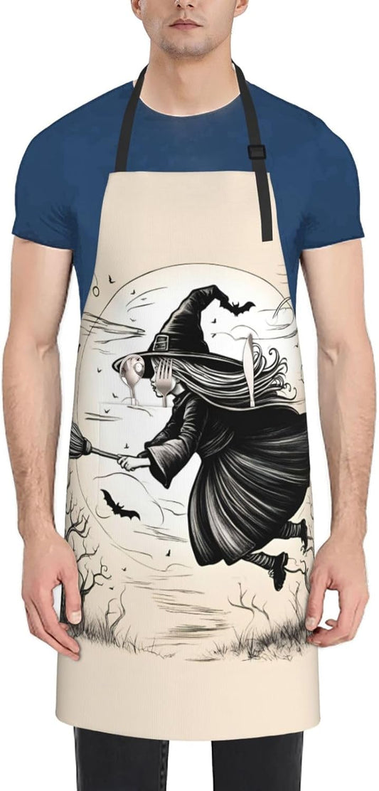 Halloween Witch Flying print Waterproof chef's apron with pocket apron for kitchen cooking baking barbecue and gardening