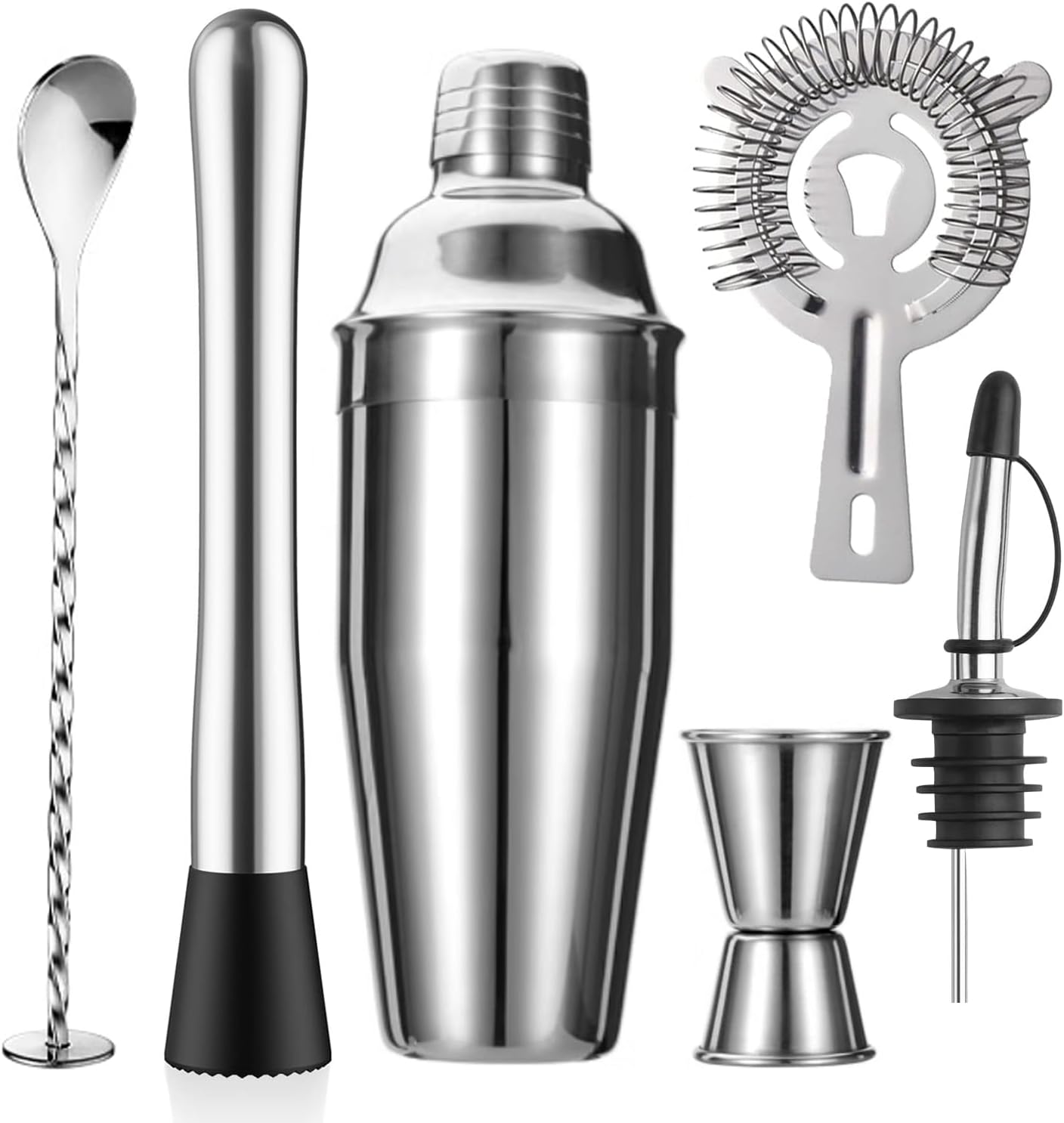 6-Piece Cocktail Shaker Set 24oz Shaker Strainer Muddler Jigger Mixing