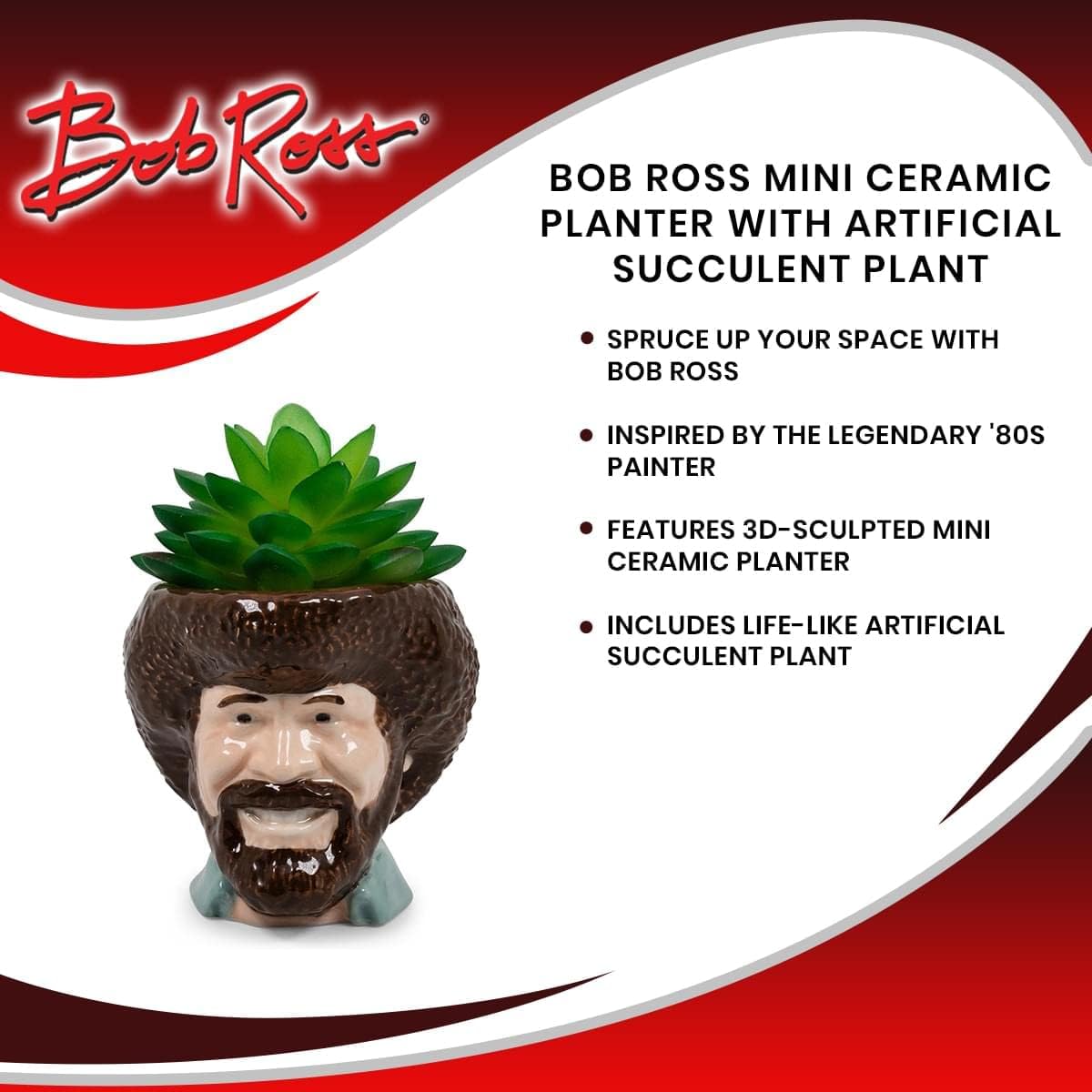 Toynk Bob Ross Mini Ceramic Planter with Artificial Succulent | Small Flower Pot, Faux Indoor Plants for Desk Shelf, Decorative Tray Trinket Dish | Home Decor Gifts and Collectibles