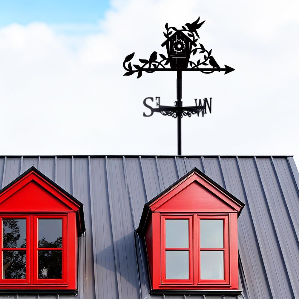 Birdhouse Weather Vane, Black Metal Weathervane Roof Mount, Wind Direction Indicators Wind Measuring Tool Outdoor, Wind Vane Ornament Decoration for Shed Yard Farmhouse Patio Decor