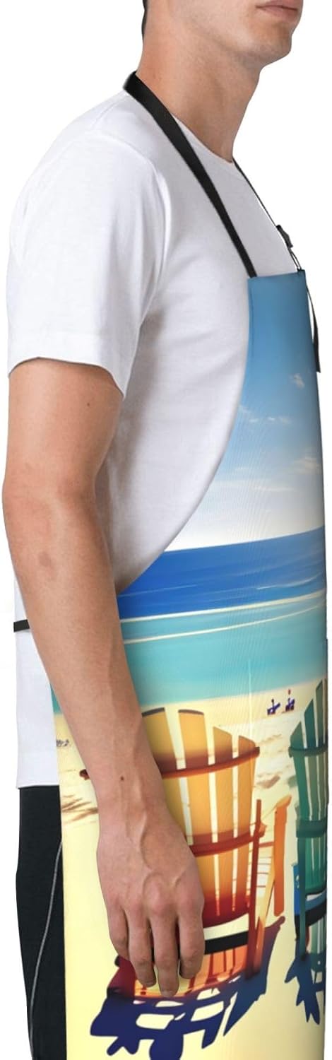 beach scene with chairs Print Laundry apron 28x33 In Waterproof Kitchen Apron with Pockets for Cooking Baking