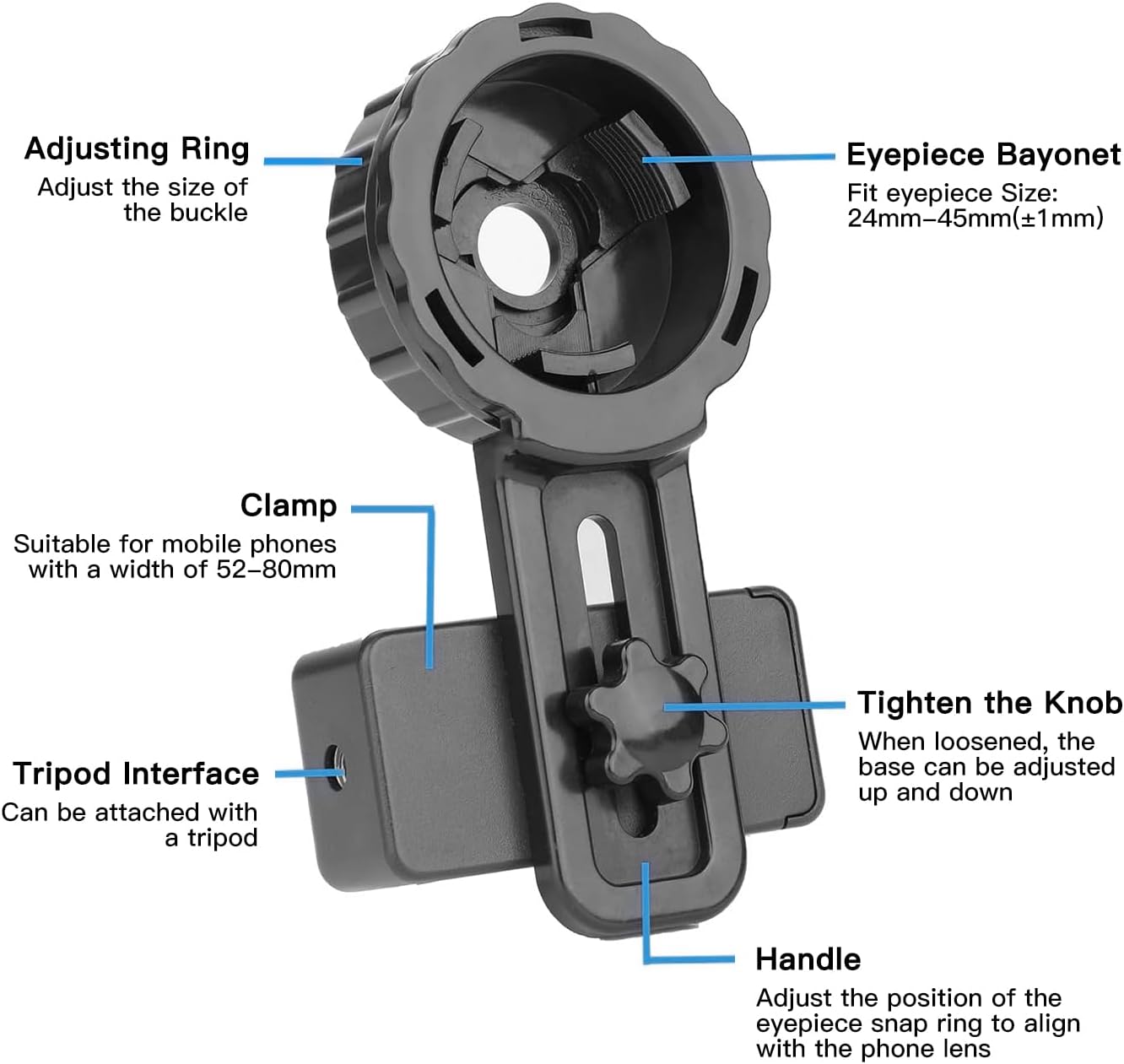 Universal Phone Adapter Mount 360° Rotation - Fits 16-50mm Eyepieces for Telescope/Microscope/Spotting Scope/Birdwatching Clamp High-Strength Stable Mount (Equipped with Wireless Shutter Mode)