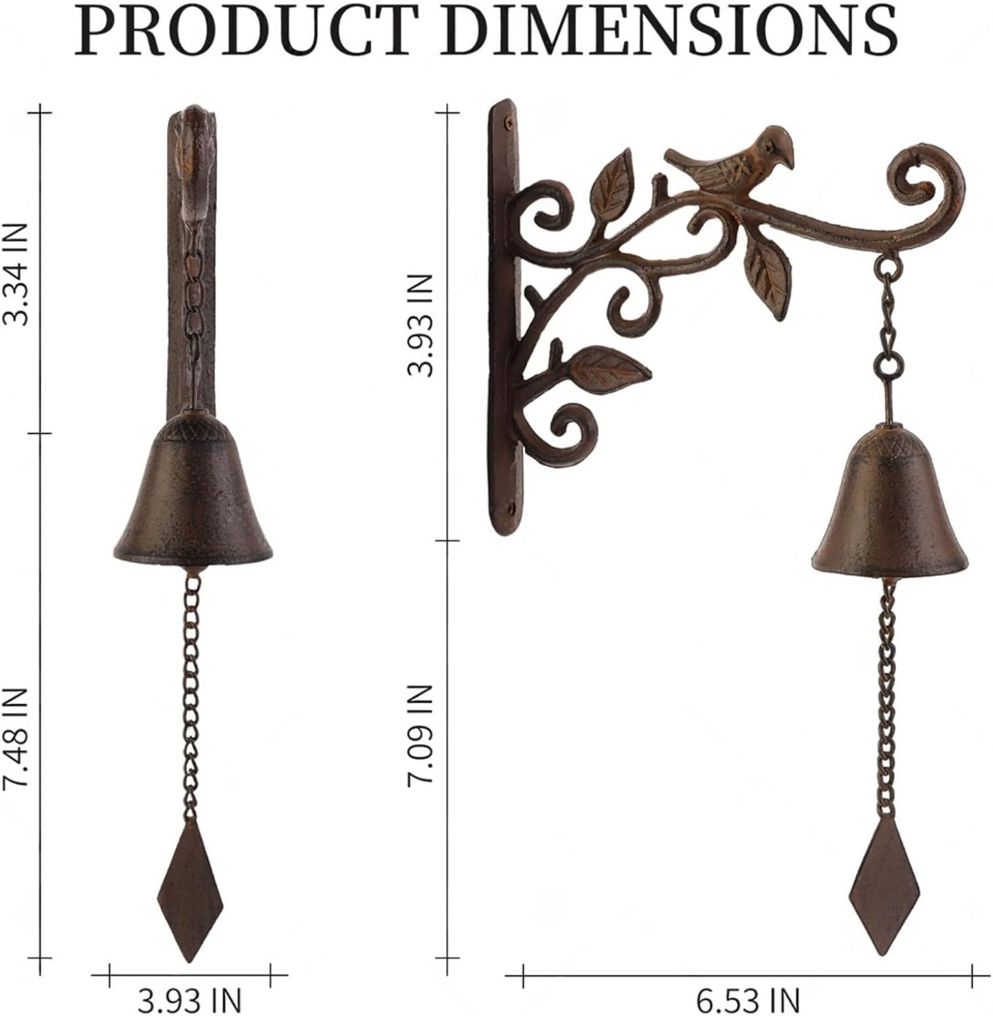 Cast Iron Outdoor Dinner Bell for Door, Wall Mounted for Home Patio Garden & Entryway, Black & Rust Bird Design