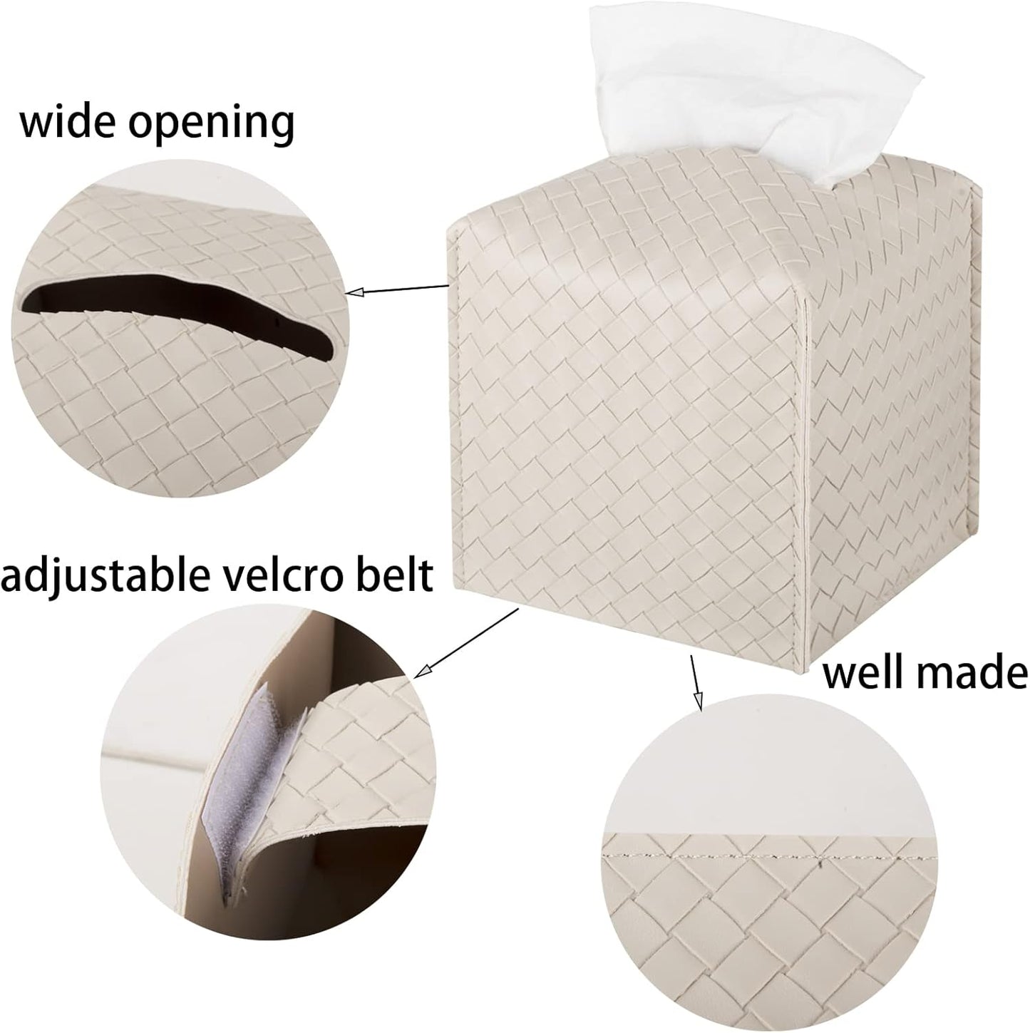 Tissue Box Cover PU Leather Tissue Holder Square Facial Tissue Case Facial Paper Organizer Dispenser for Bathroom, Vanity Countertop, Tabletop, Car, Griege