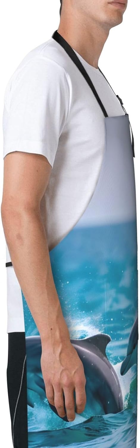 Dolphins in the sea print Waterproof chef's apron with pocket apron for kitchen cooking baking barbecue and gardening