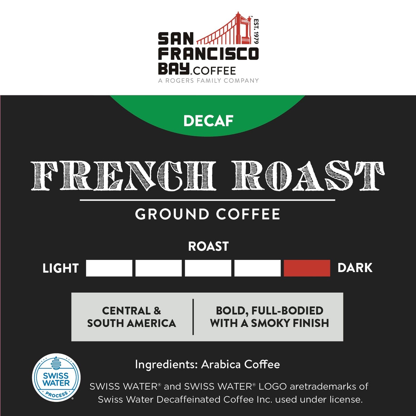 San Francisco Bay Coffee - Decaf Dark Roast - Decaf French Roast (28 oz bag) - Ground Coffee, Swiss Water Processed