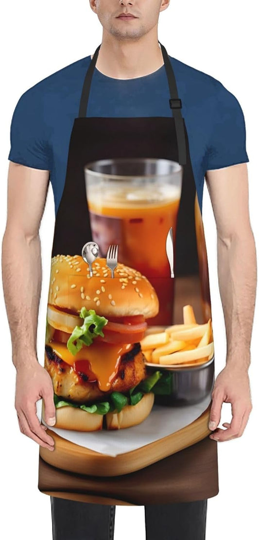Chicken leg burger drink print Waterproof chef's apron with pocket apron for kitchen cooking baking barbecue and gardening