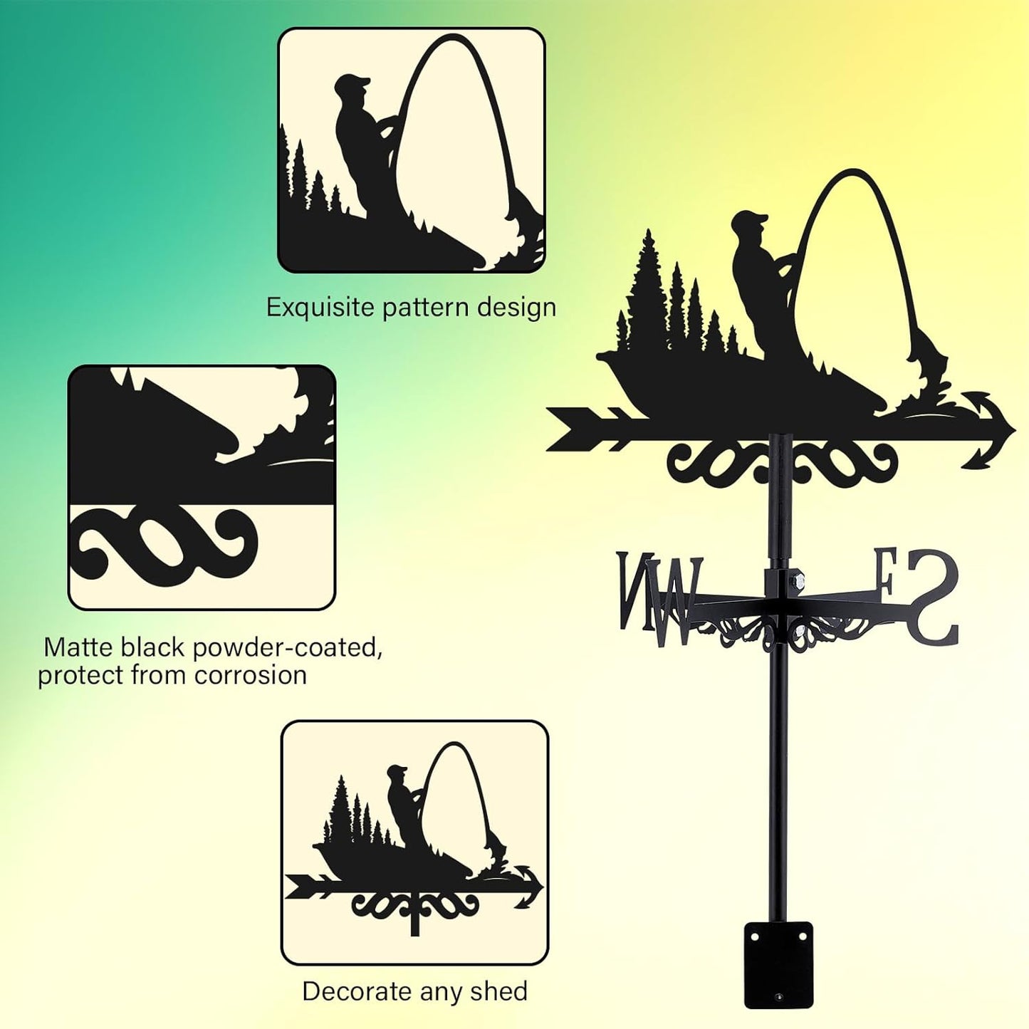 Fishing Weathervane 26” Height Black Metal Fisherman Wind Vane Animal Ornament Garden Stake Weather Vane Fishing Design Windmill Wind Cups & Brackets for Farmhouse Outdoor Yard Decoration