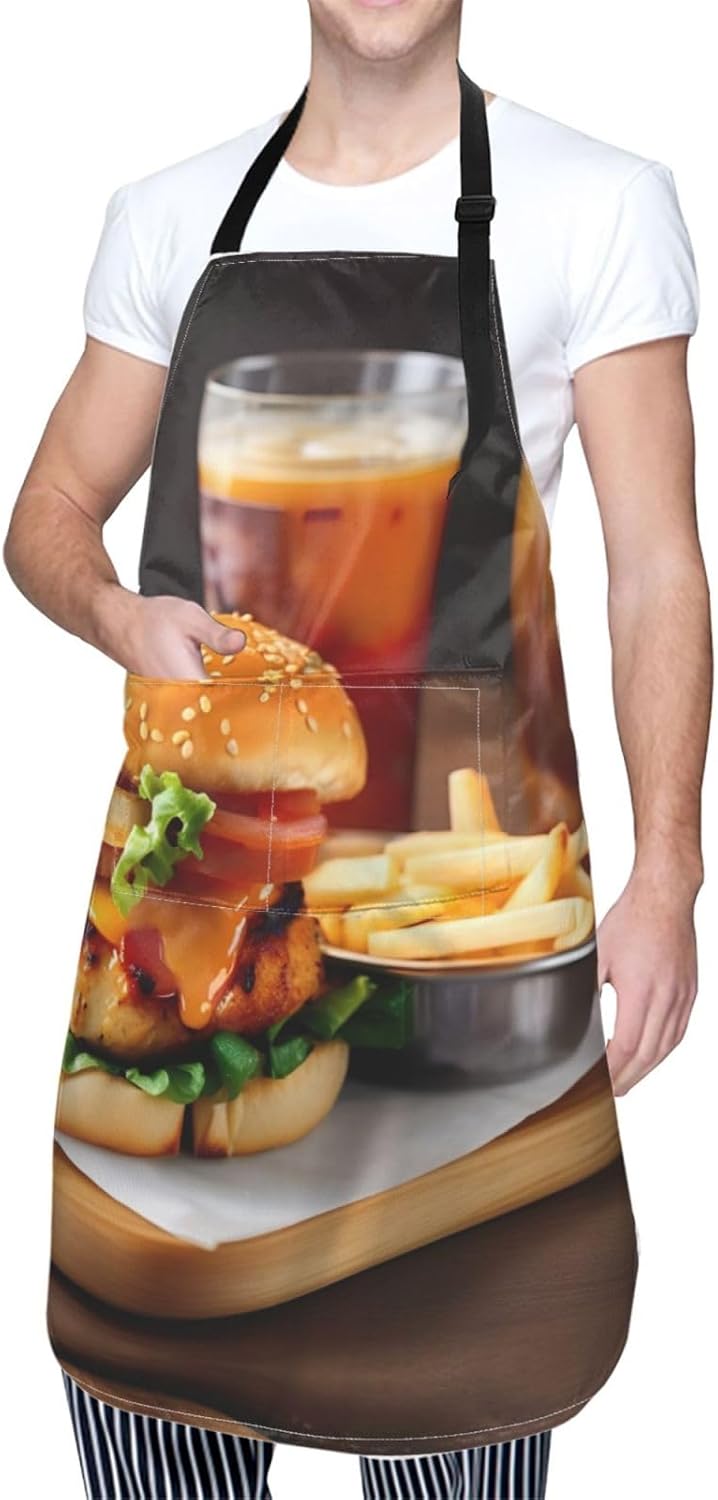 Chicken leg burger drink print Waterproof chef's apron with pocket apron for kitchen cooking baking barbecue and gardening