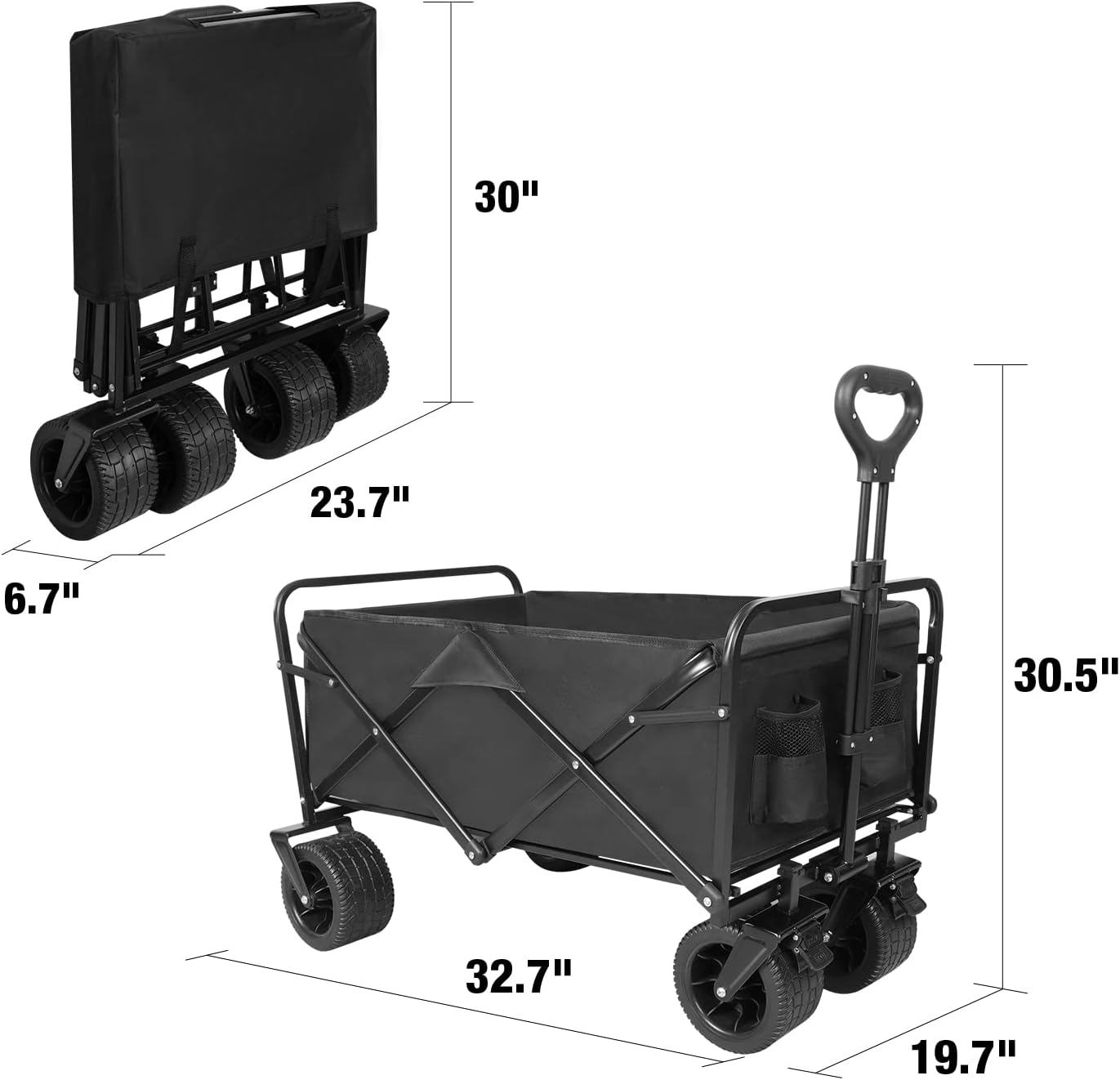 Folding Wagon Carts With Adjustable Handle/collapsible Beach Wagon with Big Wheels for Sand, 220lbs Capacity, Black,TRP1008