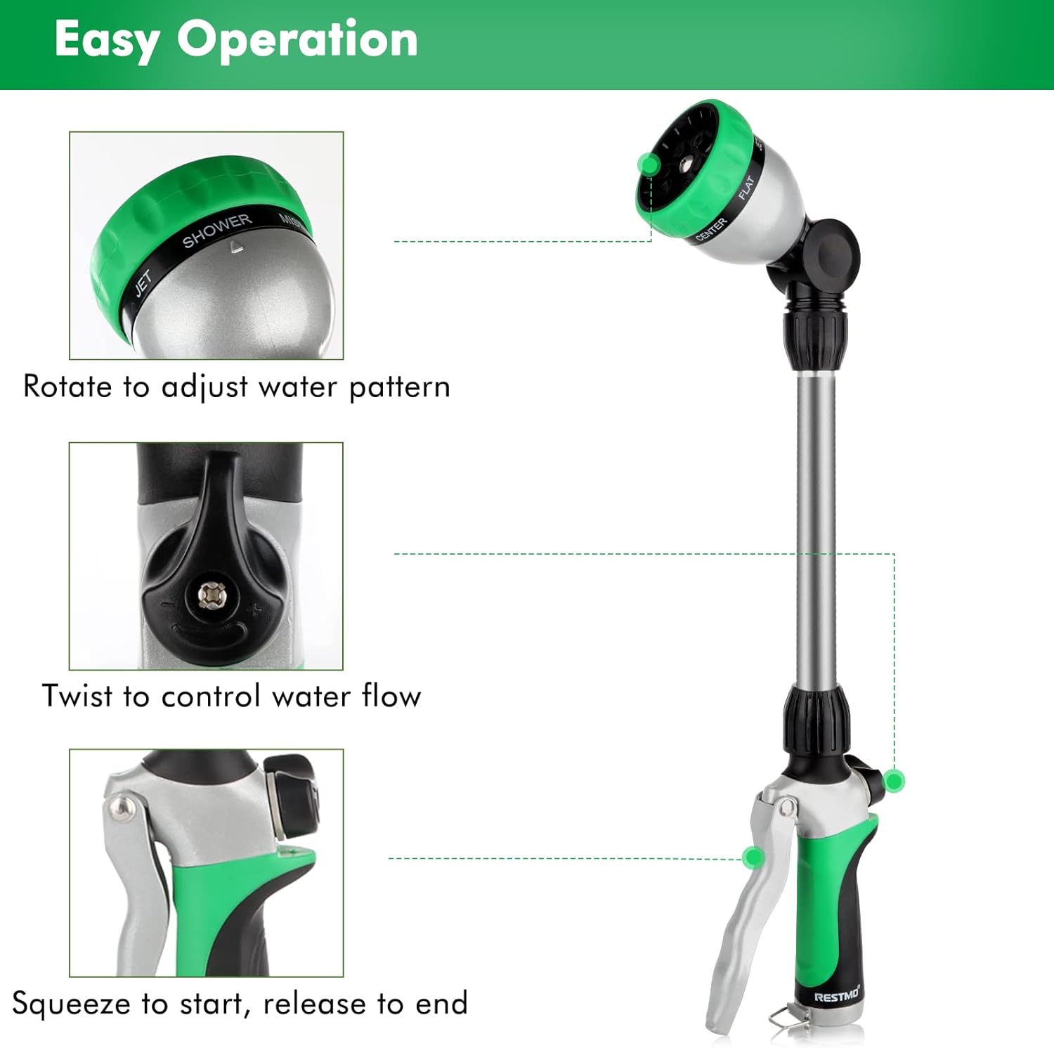 RESTMO Metal Watering Wand, Heavy Duty Garden Hose Wand with 180° Swiv