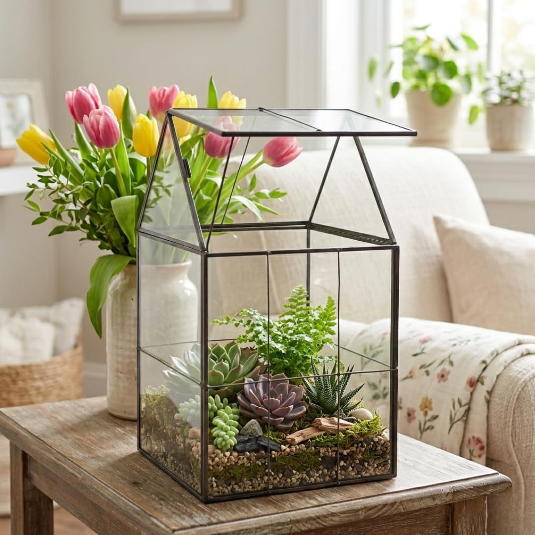 D'Eco Glass Geometric Centerpiece (6x5x11) - Planter Terrarium - Spring Easter Home Decor & Wedding Letterbox - Fill w Succulents, Moss, Colorful Eggs, Bunny Rabbits, Grass - Gift for Plant Lovers