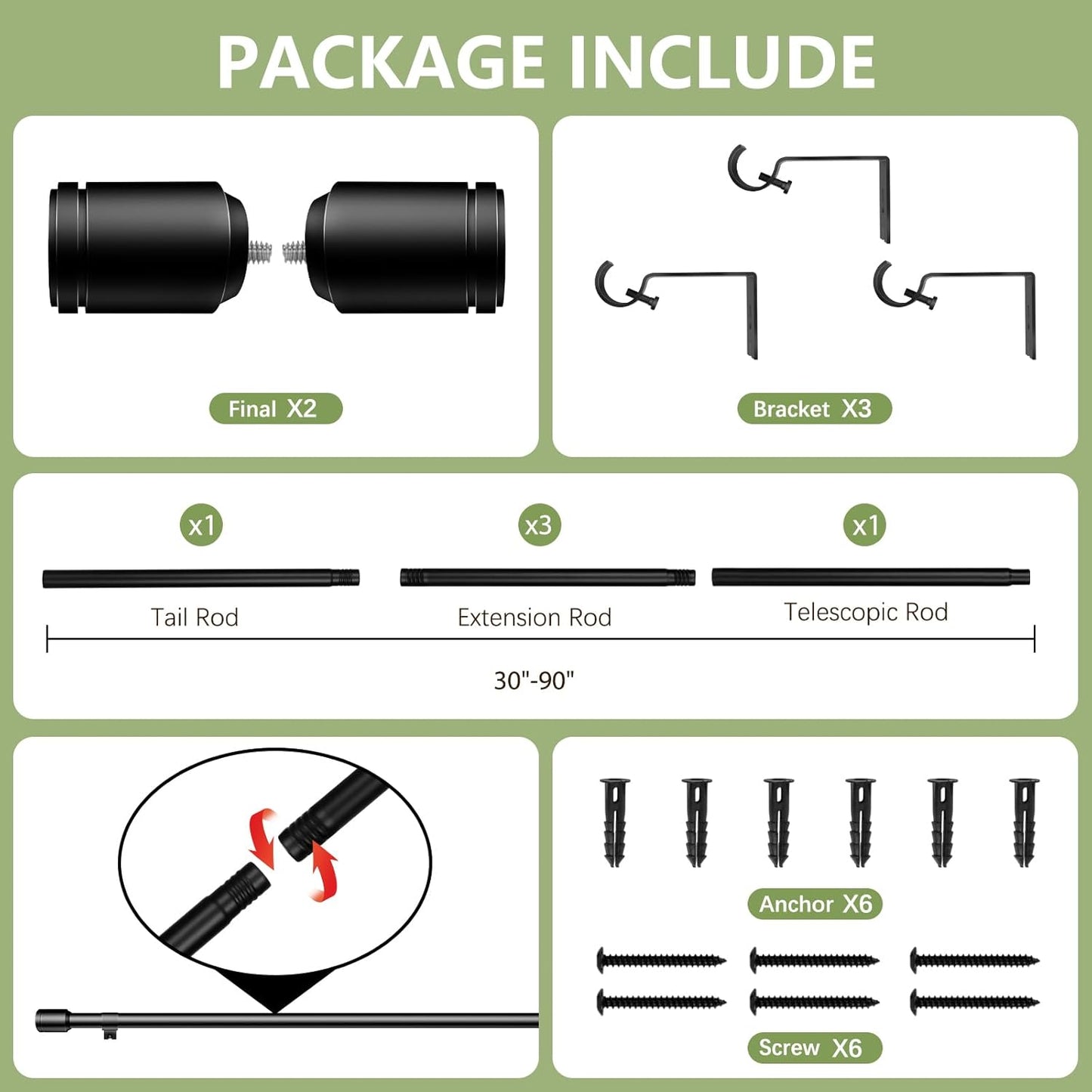 5/8” Diameter Curtain Rods 30-90 Inch, for 30-84 Inch Windows, Adjustable Splicing Black Curtain Rods for Windows with Brackets, Window Rod Long Small Curtains Rod