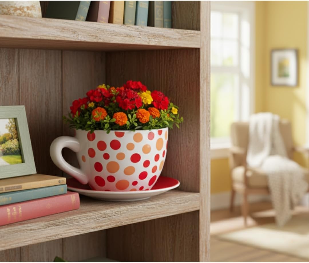 7.5" Round Ceramic Teacup Shape Planter Pot with Saucer for Succulents Orchids Herbs Cactus Indoor Houseplants Flowers for Valentines Day Gift – Orange Polka Dot Planter