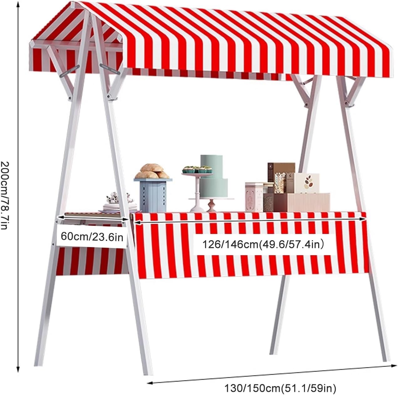 Portable Food Cart with Striped Canopy, Mobile Street Vendor Stand, Market Stall Carts for Outdoor Events, Food Truck on Wheels, Green 150cm/59in