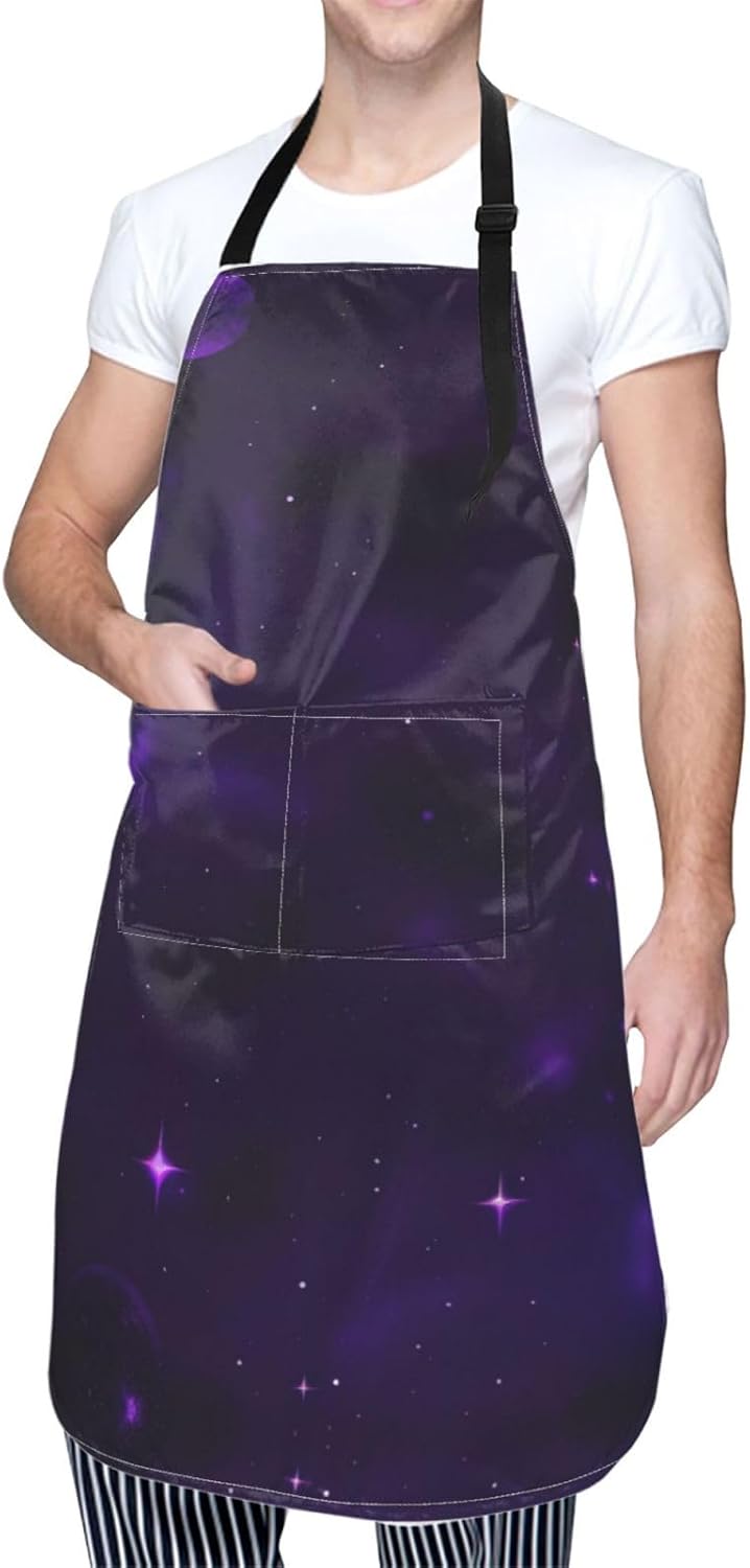 Galaxy Starry Space Purple Starry Print 28 x 33in Waterproof Apron with Pockets Fashionable Versatile Smock for Baking