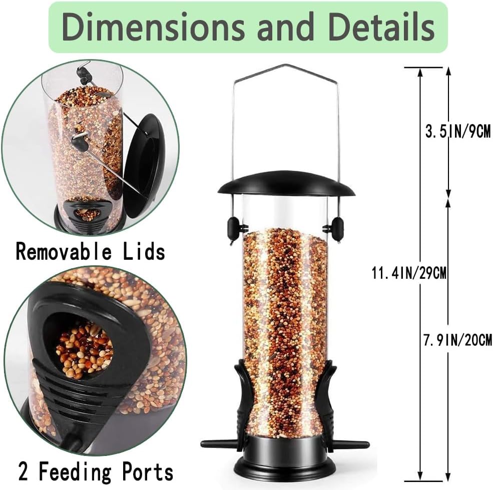 Metal Bird Feeder, Tube Bird Feeders for Outdoors Hanging, Heavy Duty Chew-Proof and Rust-Proof Tube Bird Feeder, Weatherproof & Steel Hanger, Attracting for Wild Birds (Black)