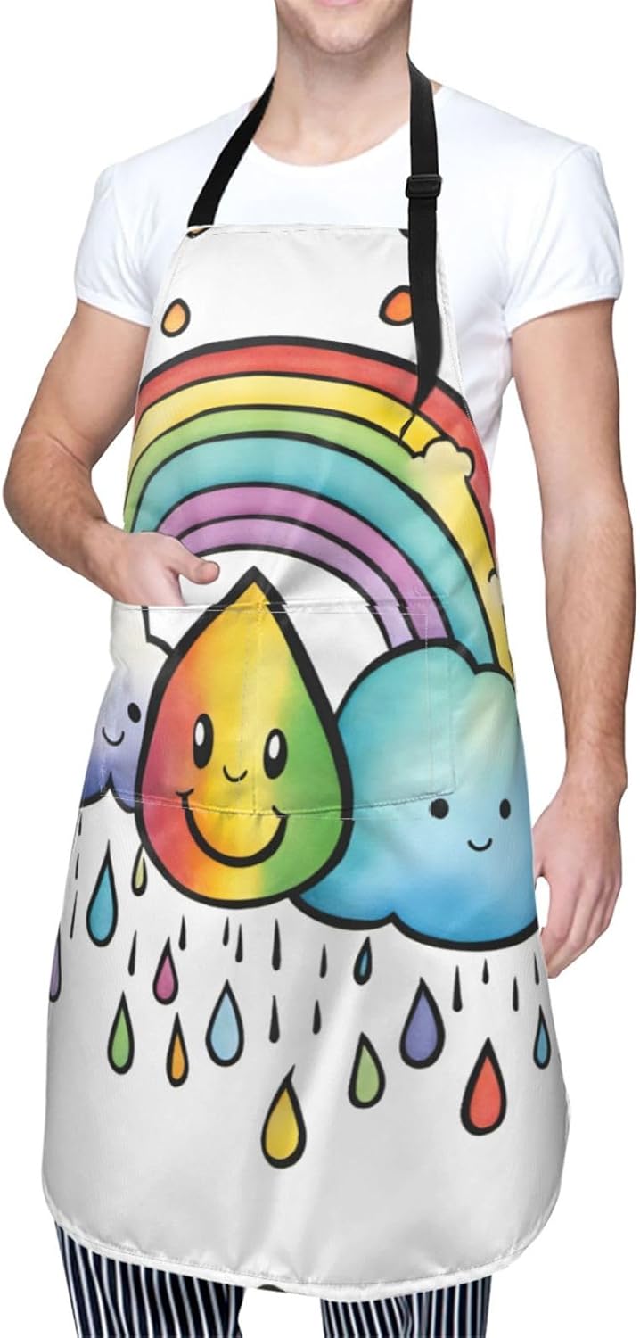 Rainbow Clouds Raindrop 1 print Waterproof chef's apron with pocket apron for kitchen cooking baking barbecue and gardening