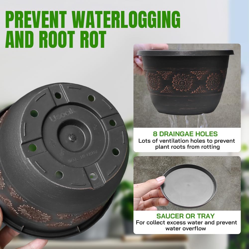 4 Pack 10 inch Plant Pots, Retro Pattern Planters with Drainage Holes 