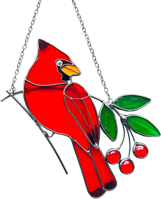 Red Birds Ornaments Stained Glass Suncatcher,Cardinal Stained Glass Window Hanging,Cardinal Decor for Housewarming,Cardinal Memorial Gifts for Women,Grandparents,Friends