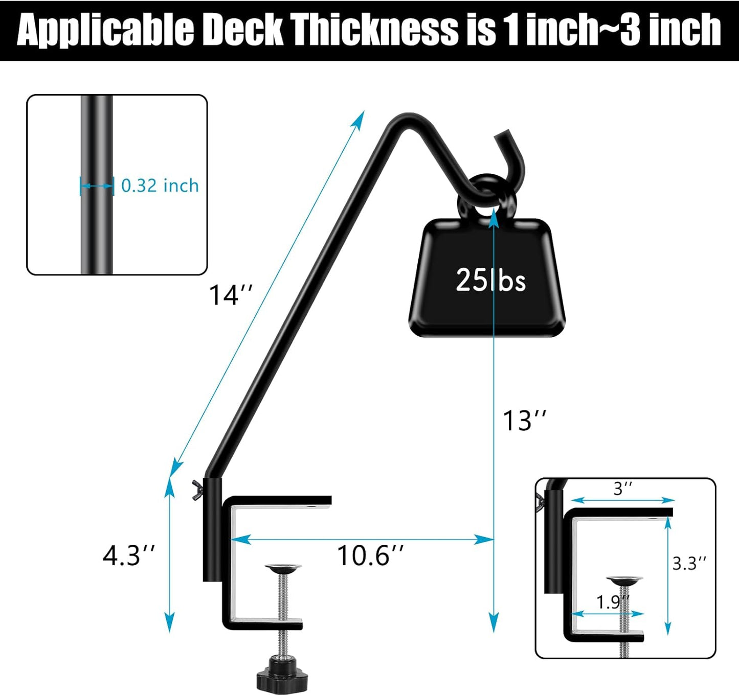 FEED GARDEN 2 Pack 14 Inch Deck Hook, Deck Bird Feeder Hanger, Applicable Deck Thickness 1 Inch-3 Inch