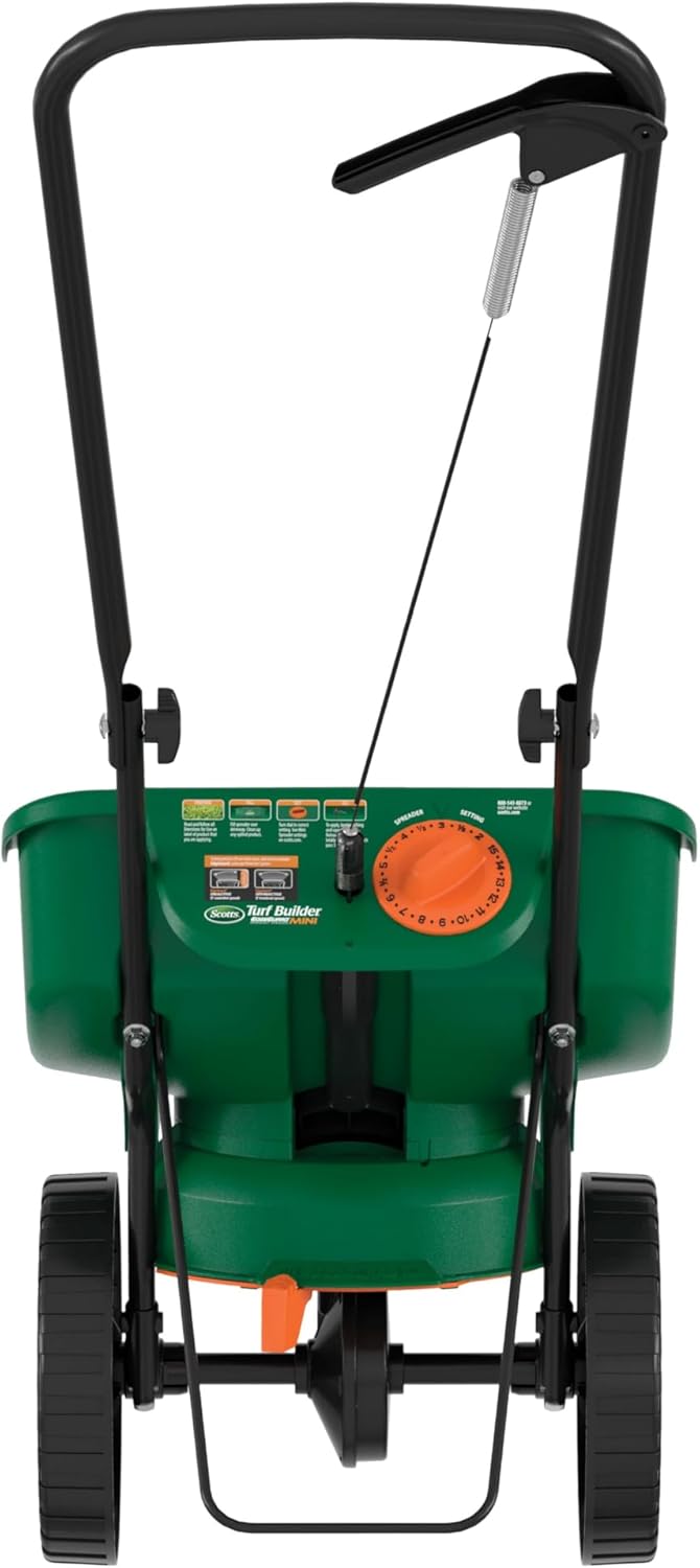 Scotts Turf Builder EdgeGuard Mini Broadcast Spreader - Spreader For Lawn Fertilizer, Weed & Insect Control, Grass Seed, and Ice Melt, Holds Up To 15,000 sq. ft. of Product