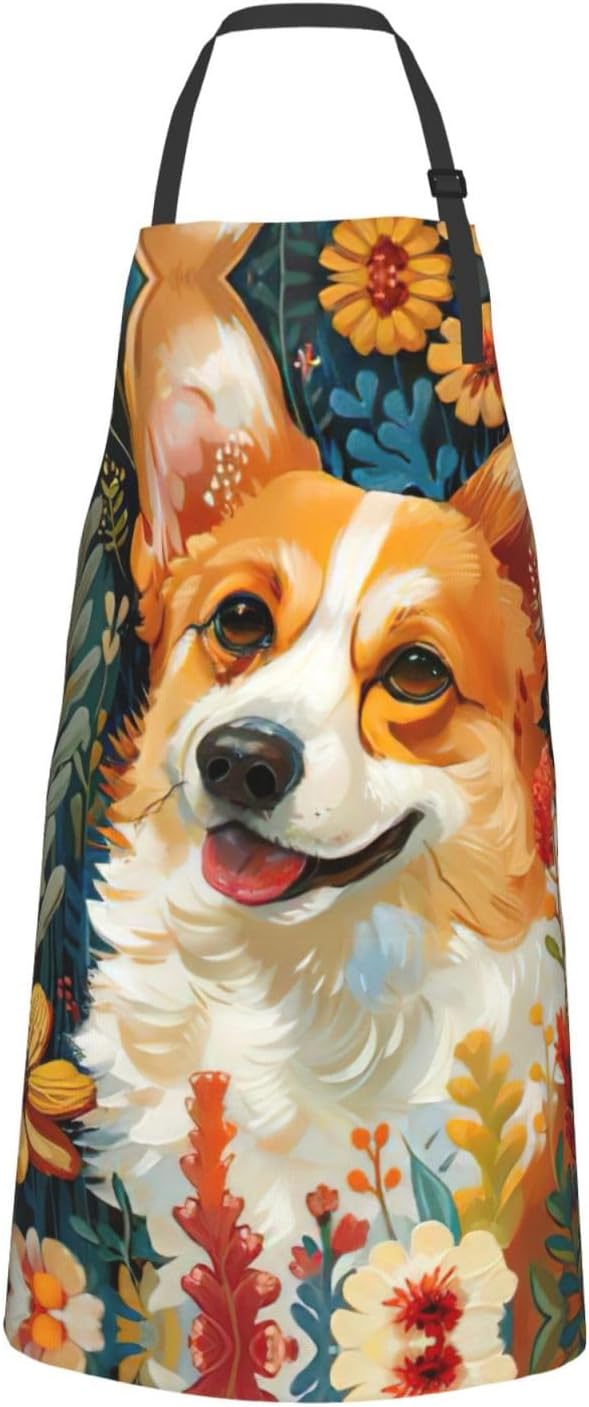 Corgi Floral Flowers Spring Garden Print Laundry apron 28x33 In Waterproof Kitchen Apron with Pockets for Cooking Baking