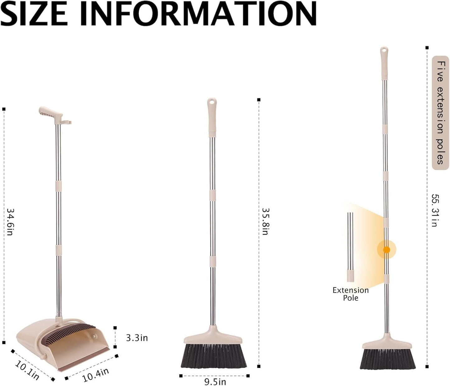Broom and Dustpan Set with Long Handle, Light Weight Stainless Steel Poles Stand Upright Dustpans with Broom Combo for Home Kitchen Office Pet Dog Hair, Brown & Beige Color, 1-Pack