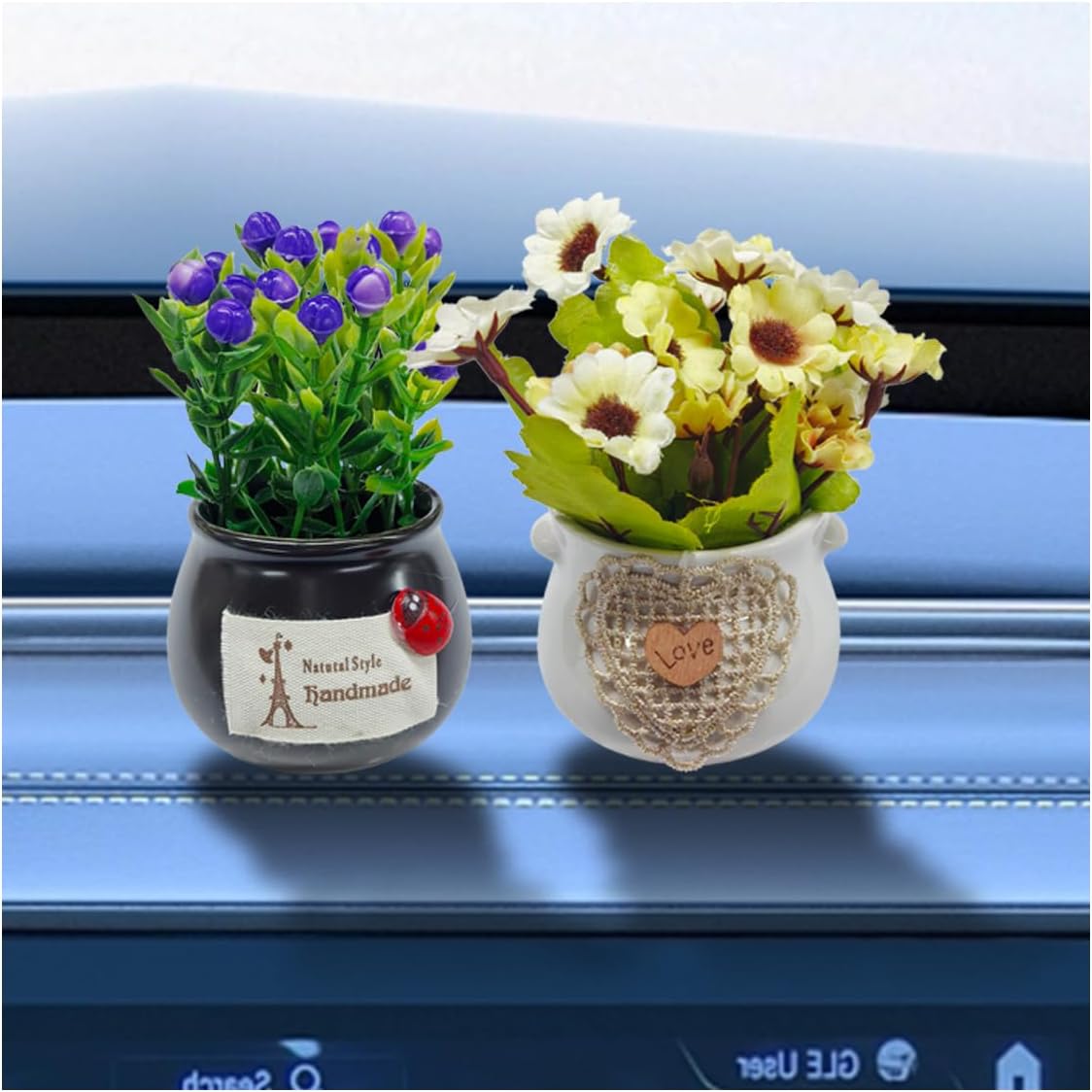 2PCS Cute Flower Bouquet in Pottery Vase Car Dashboard Ornament for Women Interior Aesthetic, Miniature Artificial Plant Car Center Console&Dashboard Decoration for Home Office (Purple/Beige)