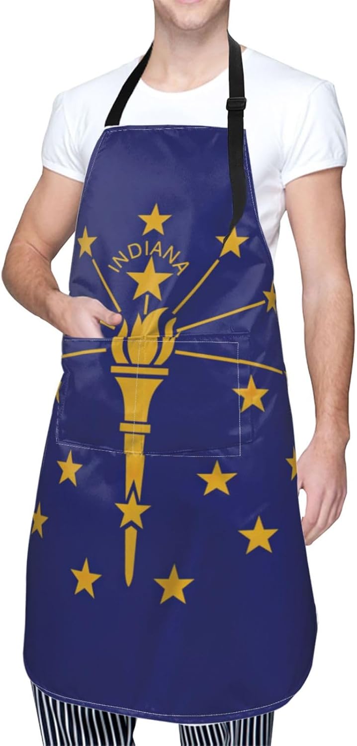 Indiana State Flag Print 28x33 In Adult Kitchen Apron with Pockets Versatile Chef Smock for Cooking Baking